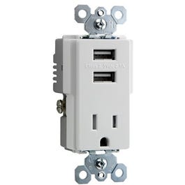 USB Charger Combo with Outlet Receptacle, White, 15-Amp