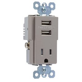 USB Charger Combo With Tamper-Resistant Receptacle, Nickel, 15-Amp