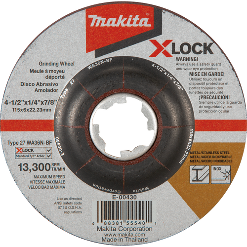 Makita X‑LOCK Type 27 General Purpose 36 Grit Abrasive Grinding Wheel for Metal & Stainless Steel Grinding