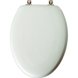 Elongated Molded Wood Toilet Seat, STA-TITE(TM) Brushed-Nickel Hinge, White