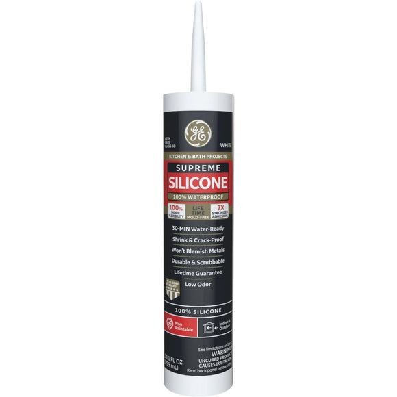 GE Supreme Silicone Kitchen & Bath Sealant, White, 10.1oz