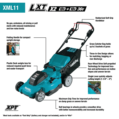 Makita 36V (18V X2) LXT® 21 Self‑Propelled Lawn Mower Kit with 4 Batteries (5.0Ah) (21 - XML11CT1)